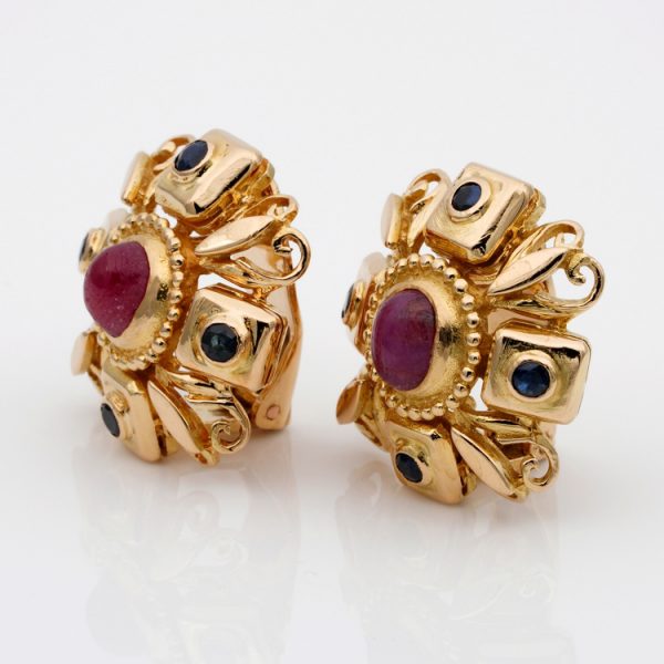 Ilias Lalaounis 2.8ct Ruby Sapphire 18ct Yellow Gold Clip On Earrings Greek Hellenistic Design