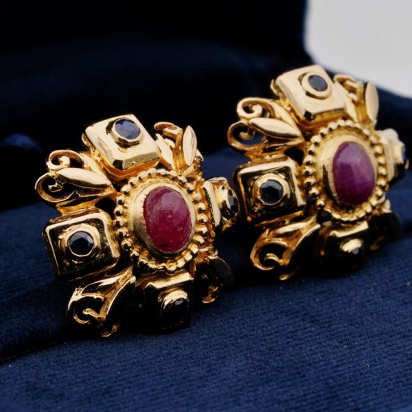 18ct Yellow Gold Clip On Earrings with Cabochon Rubies and Sapphires by Ilias Lalaounis