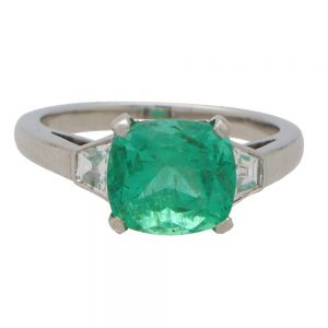 Vintage Emerald and Diamond Three Stone Engagement Ring, cushion cut emerald and diamond trilogy ring set in platinum. Emerald 2.50cts -3.00cts