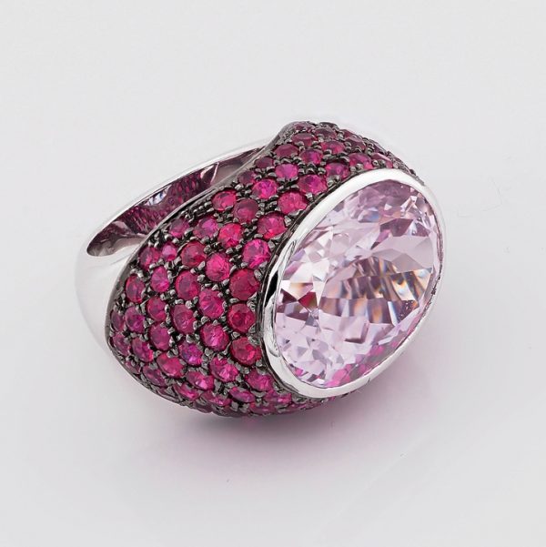 18cts Kunzite and Natural Ruby Bombe Cocktail Ring in 18ct White Gold
