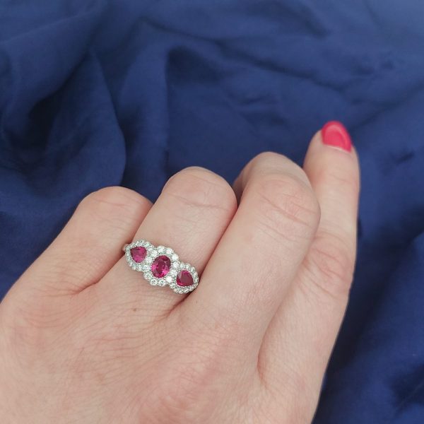 Modern 1.12ct Ruby and Diamond Triple Cluster Ring