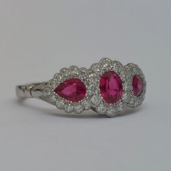 Modern 1.12ct Ruby and Diamond Triple Cluster Ring