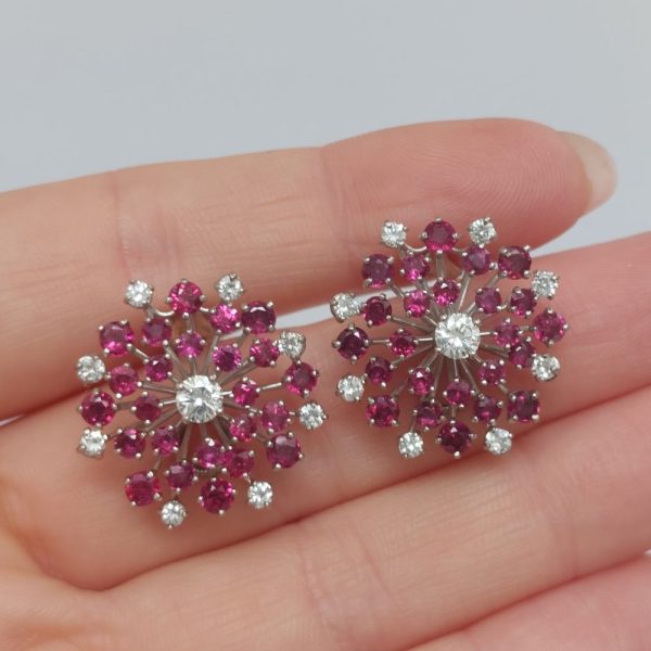 Oscar Heyman Ruby and Diamond Cluster Earrings
