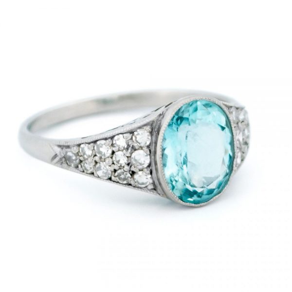 Oval Aquamarine Ring with Diamond Set Shoulders, 1.71ct