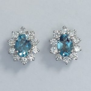 Oval Aquamarine and Diamond Cluster Stud Earrings