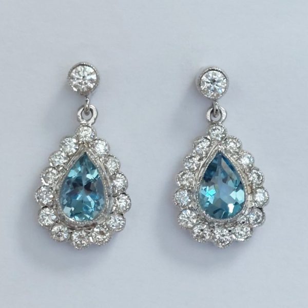 Pear Cut Aquamarine and Diamond Cluster Drop Earrings, 1.18ct