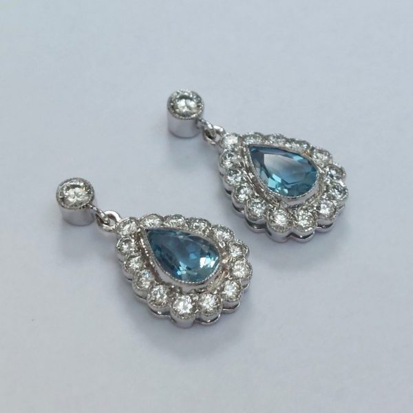 Pear Cut Aquamarine and Diamond Cluster Drop Earrings, 1.18ct