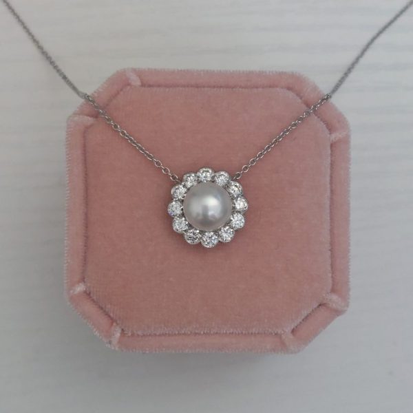 Pearl and Diamond Cluster Pendant Necklace