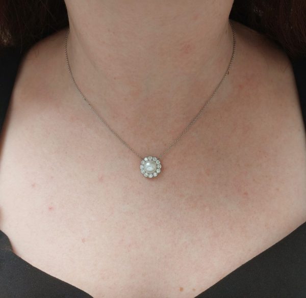 Pearl and Diamond Cluster Pendant Necklace