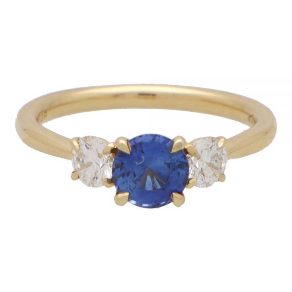 1ct Natural Sapphire and GIA Certified Diamond Three Stone Ring 18ct Yellow Gold