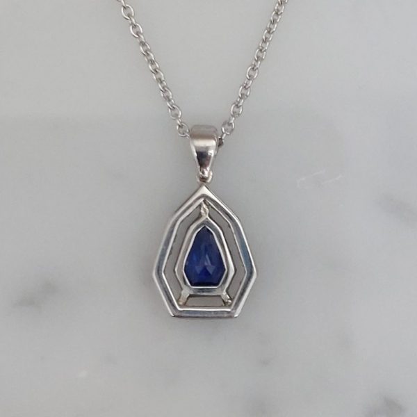 Sheild Sapphire and Diamond Pendant Necklace