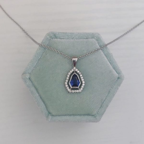 Sheild Sapphire and Diamond Pendant Necklace