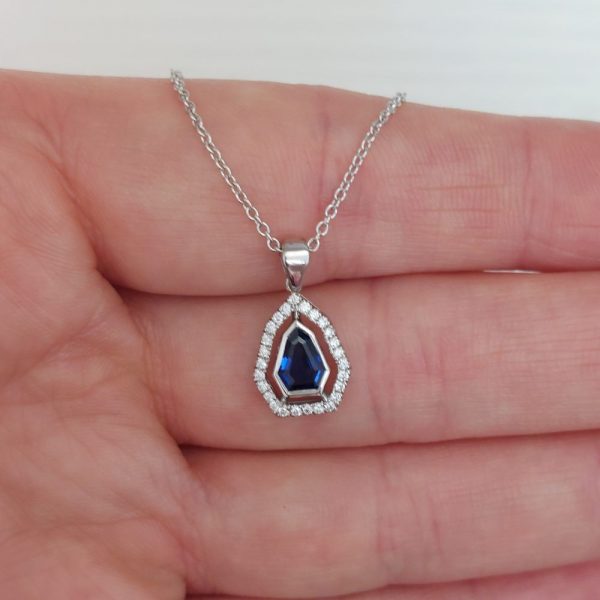 Sheild Sapphire and Diamond Pendant Necklace