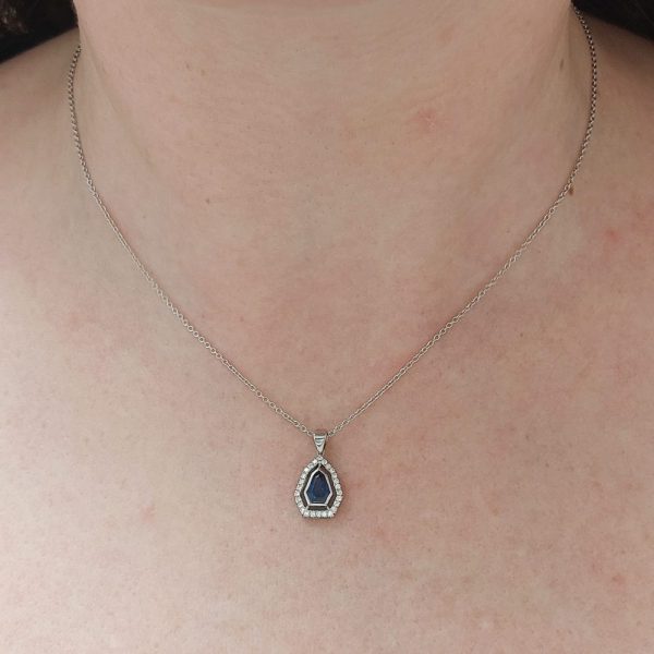 Sheild Sapphire and Diamond Pendant Necklace