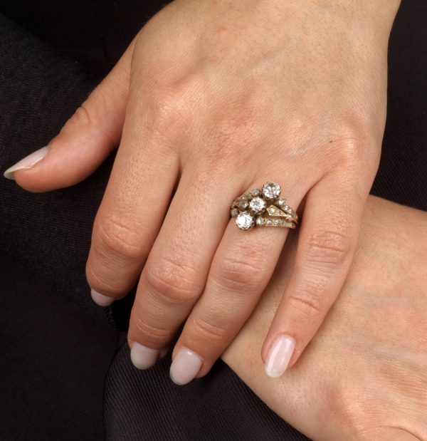 Victorian Antique 2.3ct Old Cut Diamond Three Stone Dress Ring