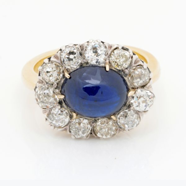 Antique Victorian 5.9ct Natural No Heat Cabochon Sapphire and Diamond Cluster Ring