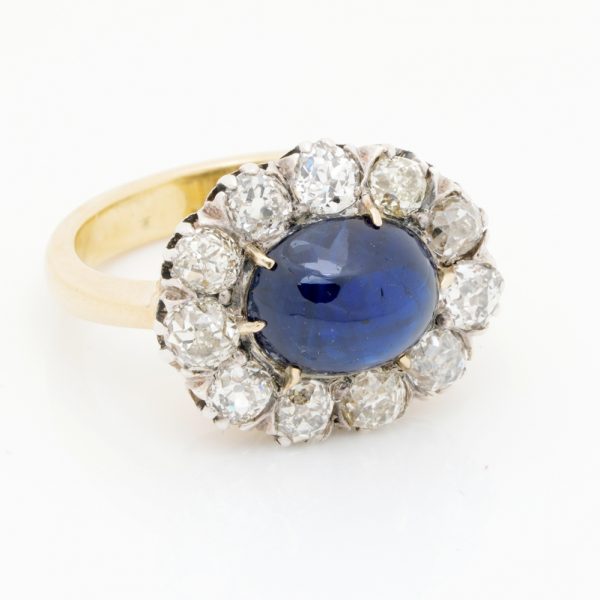 Antique Victorian 5.9ct Natural No Heat Cabochon Sapphire and 2.9ct Old Mine Cut Diamond Cluster Ring