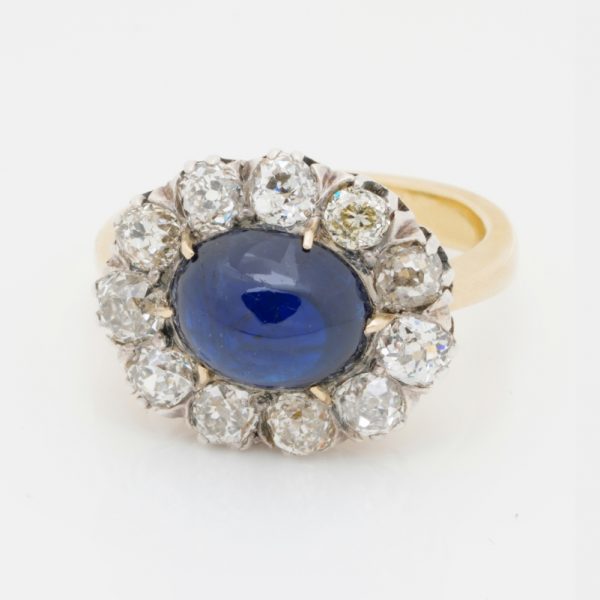 Antique 5.9ct Natural No Heat Cabochon Sapphire and 2.9ct Old Mine Cut Diamond Cluster Ring