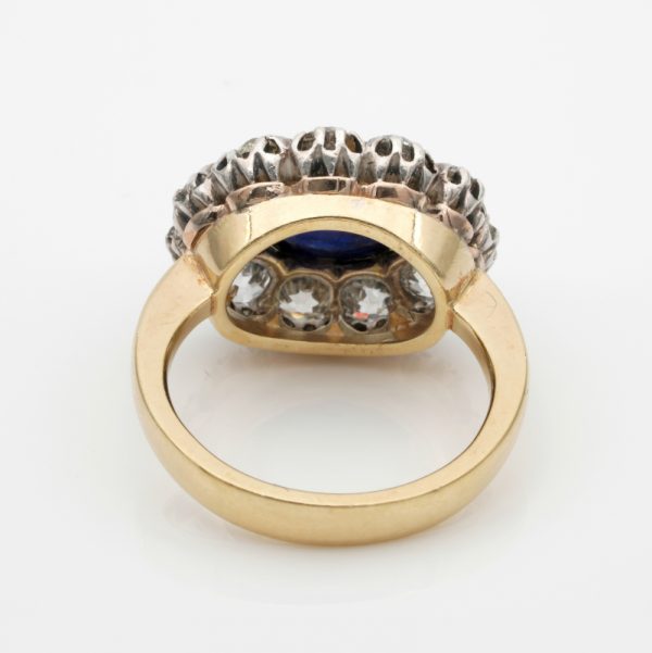 Antique 5.9ct Natural No Heat Cabochon Sapphire and 2.9ct Old Mine Cut Diamond Cluster Ring silver and 18ct yellow gold