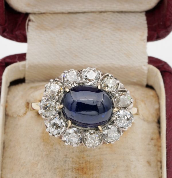 Victorian Antique 5.90ct Natural No Heat Cabochon Sapphire and 2.90ct Old Mine Cut Diamond Cluster Ring