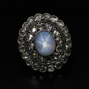 Antique Victorian 6.4ct Star Sapphire and Diamond Double Cluster Ring
