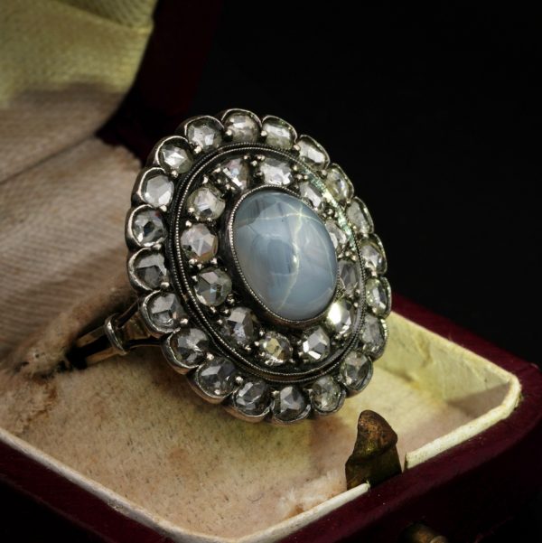 Antique Victorian 6.4ct Star Sapphire and Diamond Double Cluster Ring