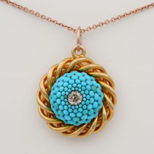 Antique Victorian Old Cut Diamond Turquoise and Gold Locket Pendant