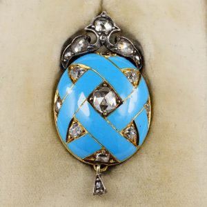Victorian Antique Diamond and Blue Enamel Robin Egg Locket Pendant in silver and 18ct yellow gold