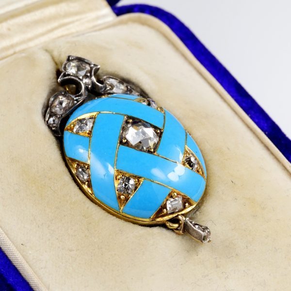 Victorian Antique Diamond and Blue Enamel Robin Egg Locket Pendant