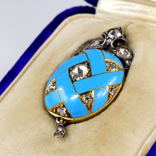 Victorian Antique Diamond and Blue Enamel Robin Egg Locket Pendant Faberge Style