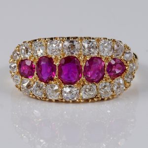 Antique Victorian 1.10ct Natural Burma Ruby and Diamond Five Stone Cluster Ring
