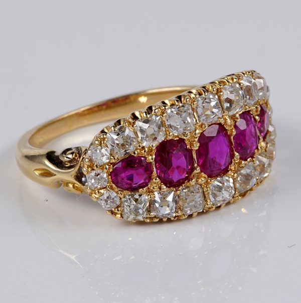 Antique Victorian 1.10ct Natural No Heat Burmese Ruby and Diamond Five Stone Cluster Ring