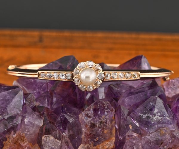 Victorian Antique Natural Pearl and 1.9ct Old Mine Cut Diamond Cluster Bangle Bracelet in 18ct Gold