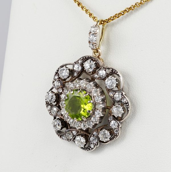 Antique Victorian 2.6ct Peridot and Diamond Floral Cluster Pendant Brooch