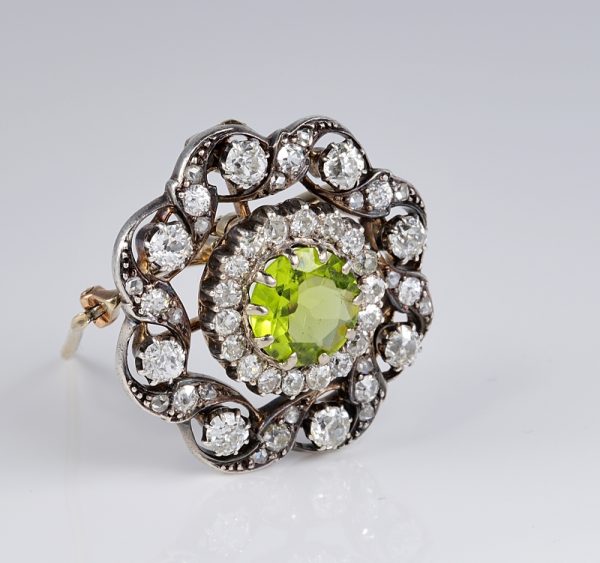Late Victorian Antique Peridot and Diamond Flower Cluster Brooch Pendant