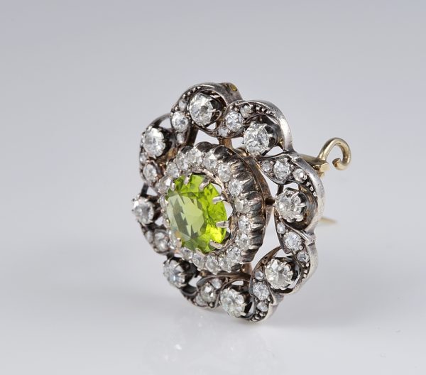 Antique Peridot and Diamond Flower Cluster Brooch Pendant