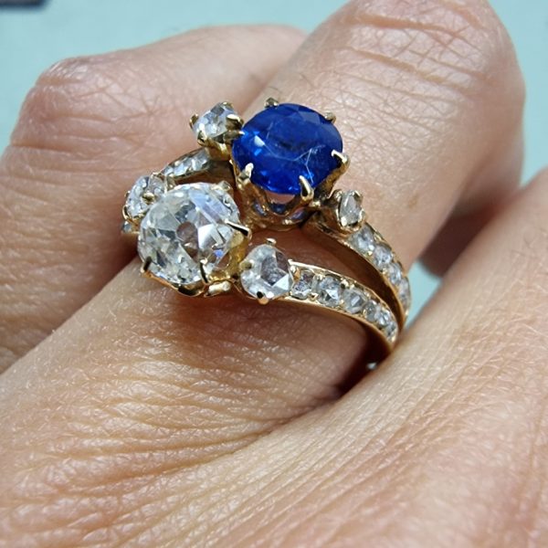Antique Old Mine Cut Diamond and Sapphire Toi et Moi Ring