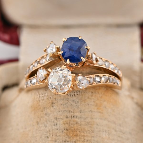 Antique Victorian 0.80ct Old Mine Cut Diamond and Natural Sapphire Toi et Moi Ring