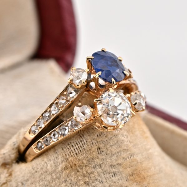 Victorian Antique 0.80ct Old Mine Cut Diamond and Natural Sapphire Toi et Moi Ring