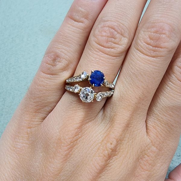 Antique Old Mine Cut Diamond and Sapphire Two Stone Ring