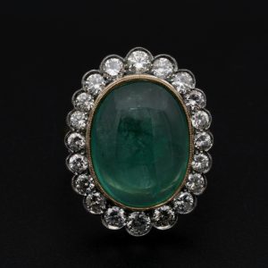Vintage 14.9ct Oval Cabochon Emerald and Diamond Cluster Ring