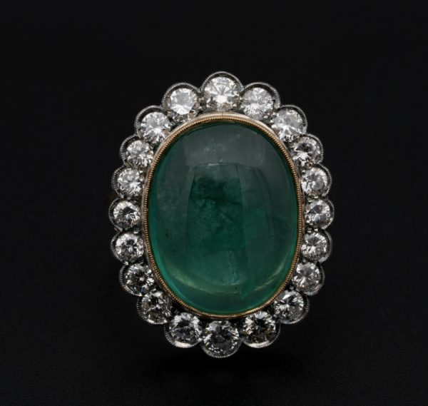 Vintage 14.9ct Oval Cabochon Emerald and Diamond Cluster Ring