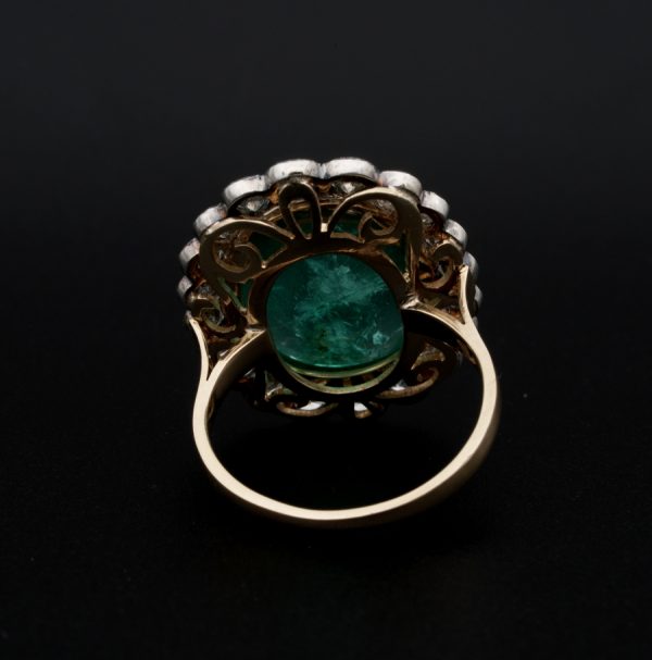 Vintage 15ct Cabochon Emerald and Diamond Oval Cluster Ring with intricate pierced under-gallery