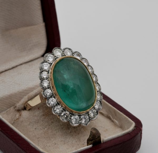 Vintage 14.90ct Oval Cabochon Emerald and 2.80ct Transitional Diamond Cluster Ring