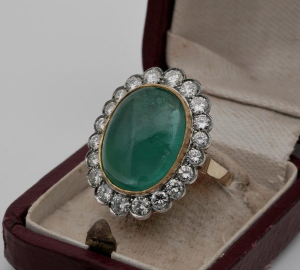 Vintage Large 14.90ct Oval Cabochon Emerald and 2.80ct Diamond Cluster Ring