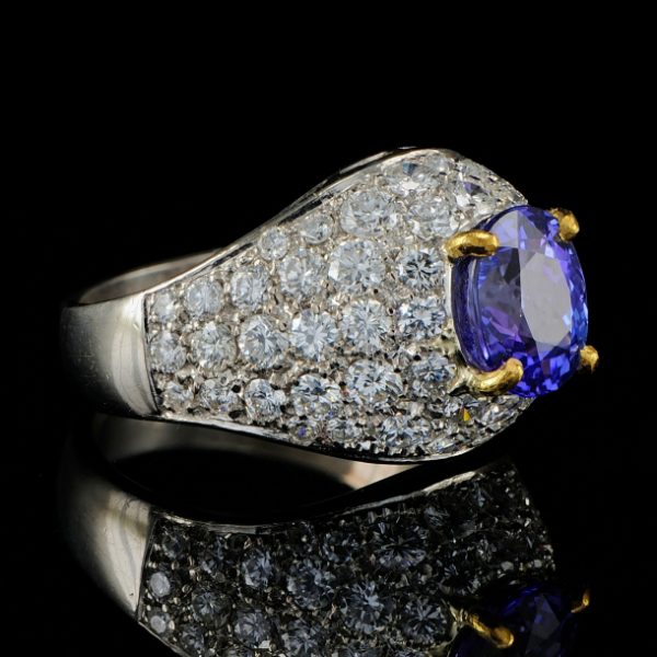 Vintage 2.4ct Tanzanite and 3.8ct Diamond Domed Bombe Ring in Platinum