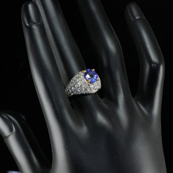Vintage 2.40ct Tanzanite and 3.80cts Diamond Cluster Bombe Cocktail Ring in Platinum