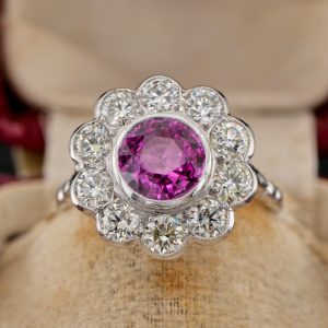 Vintage 2ct Natural Pink Sapphire and Diamond Cluster Ring