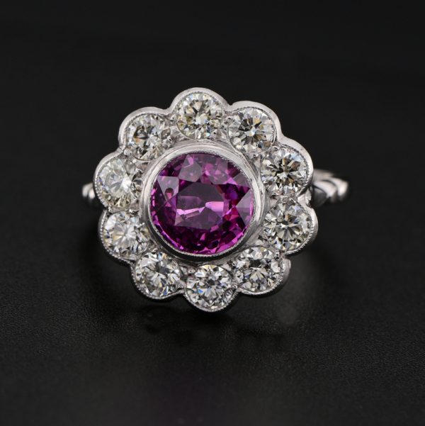 Vintage 2ct Natural Pink Sapphire and Diamond Floral Cluster Ring