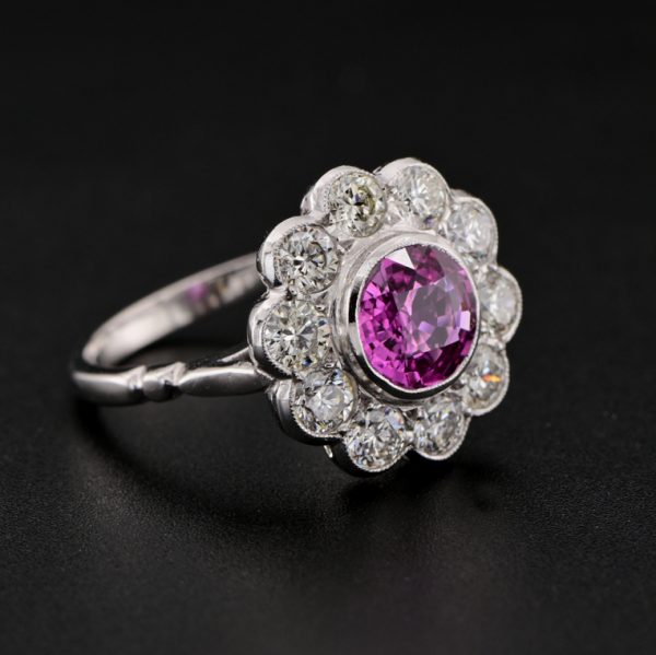 Vintage 2ct Natural Pink Sapphire and 1.80ct Diamond Flower Cluster Ring